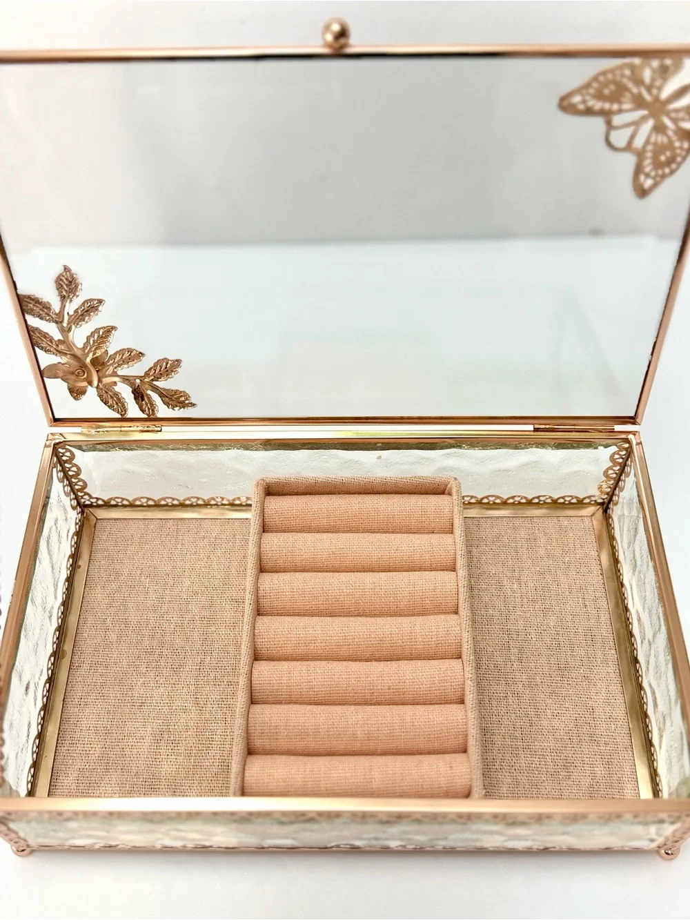 Rose Gold Glass Jewelry Box Butterfly Floral Design Ring Organizer Display Case